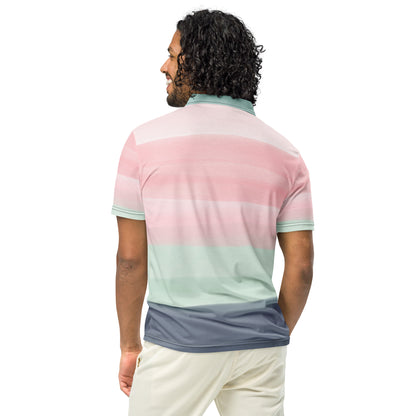 Rear view of man wearing polo shirt with design resembling watercolor stripes. Main colors are light-green and pink.