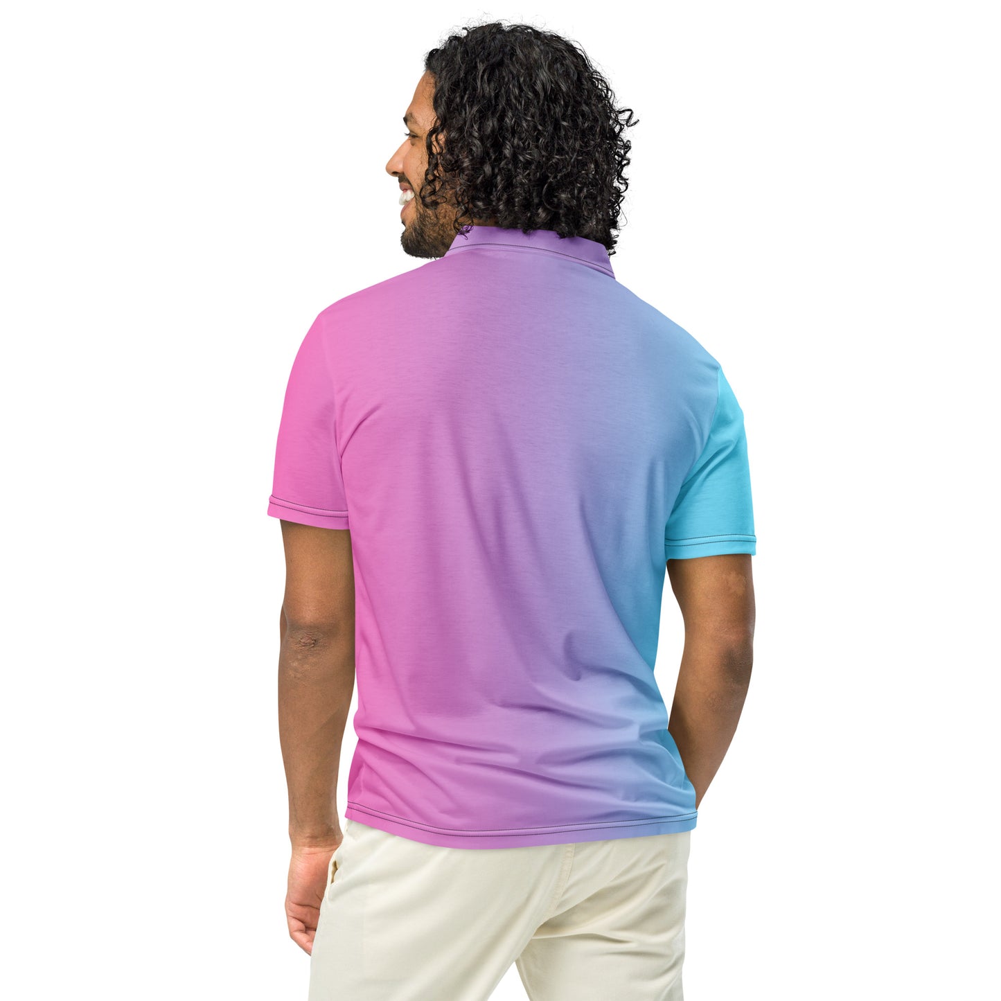 Rear view of man wearing polo shirt that fades from light blue to pink.