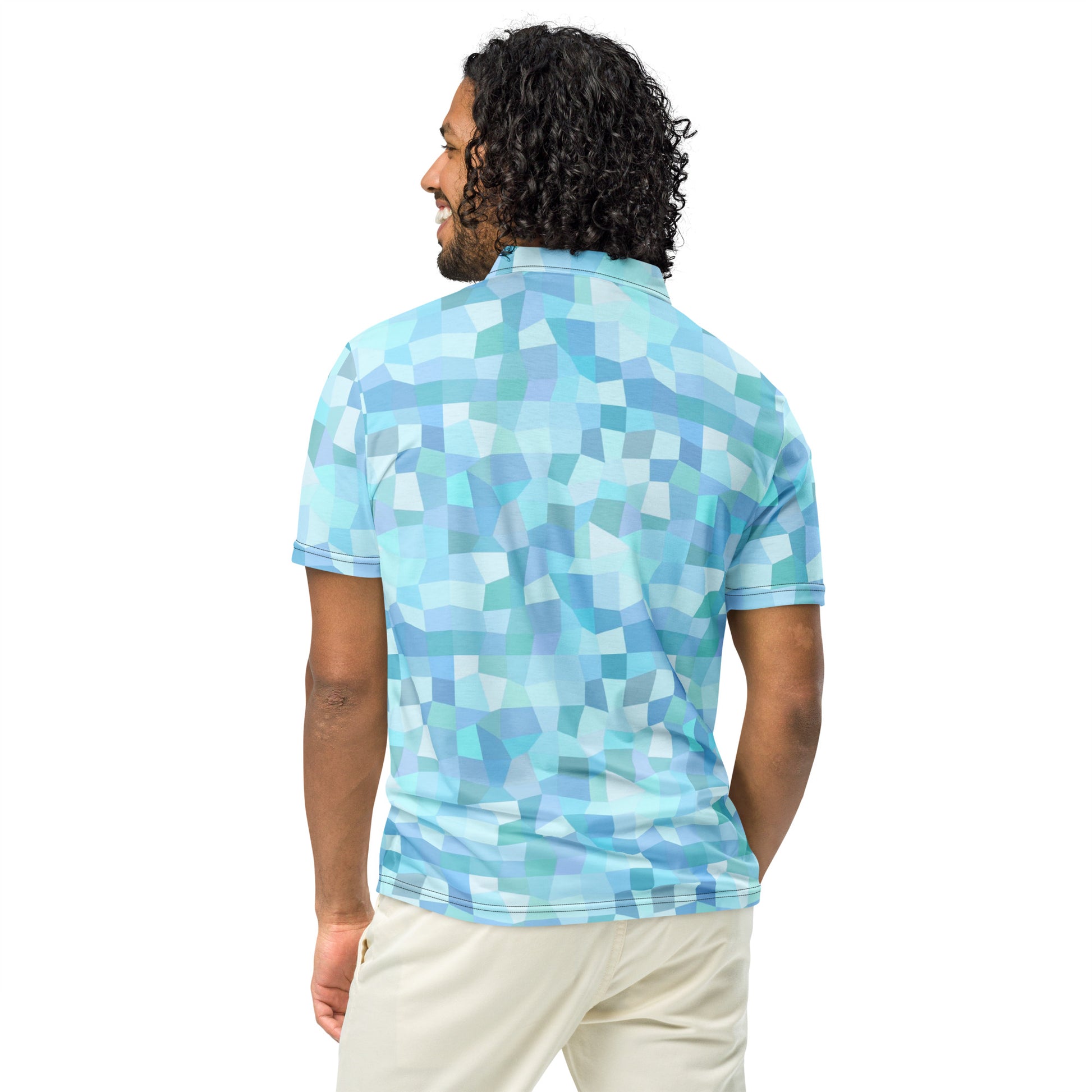 Rear view of man wearing polo shirt with light-blue geometric pattern.