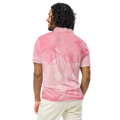 Rear view of man wearing polo shirt with pink geometric pattern.
