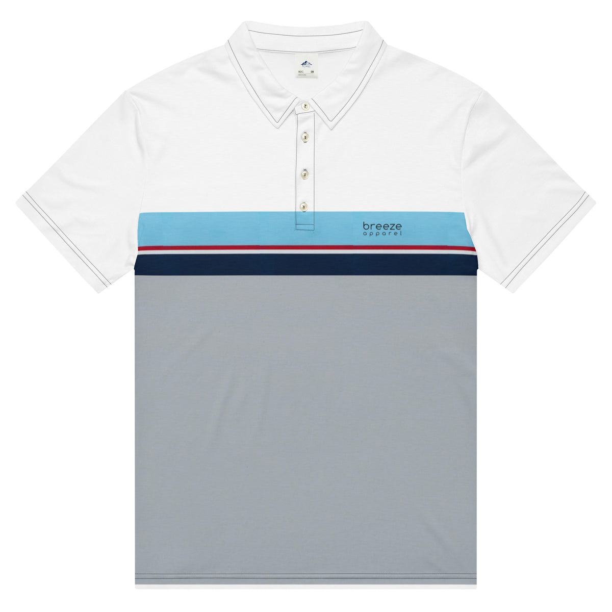 Polo shirt with horizontal blue, red, white, and navy stripe with small black 'breeze apparel' logo. Under the stripe until the bottom is gray.