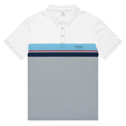 Polo shirt with horizontal blue, red, white, and navy stripe with small black 'breeze apparel' logo. Under the stripe until the bottom is gray.