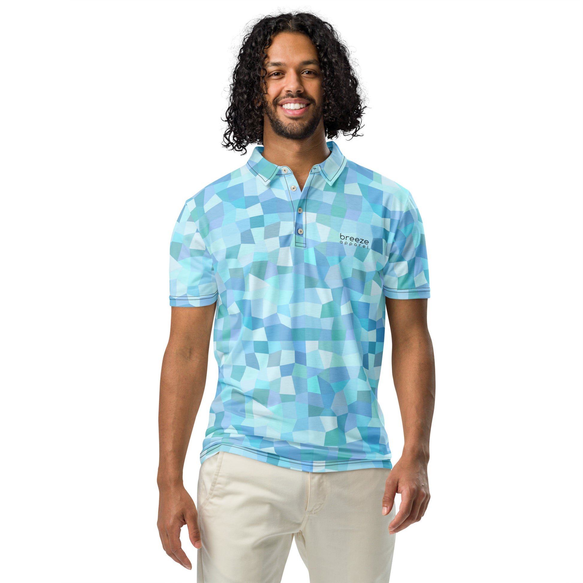 Man wearing polo shirt with light-blue geometric pattern.