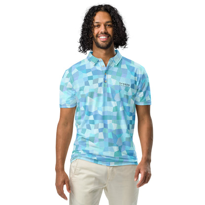 Man wearing polo shirt with light-blue geometric pattern.