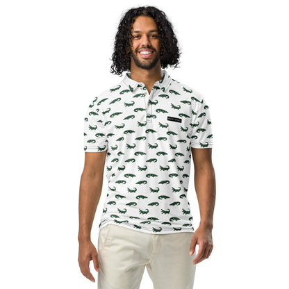 Man wearing white polo with pattern of green alligators.