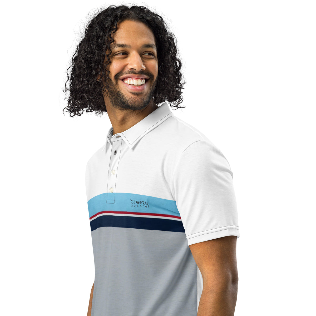 Man wearing polo shirt with horizontal blue, red, white, and navy stripe with small black 'breeze apparel' logo. Under the stripe is gray.