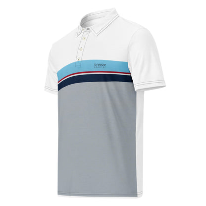 Polo shirt with horizontal blue, red, white, and navy stripe with small black 'breeze apparel' logo. Under the stripe until the bottom is gray.