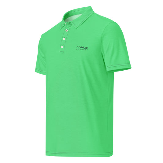 Green polo shirt with 'breeze apparel' in black over heart