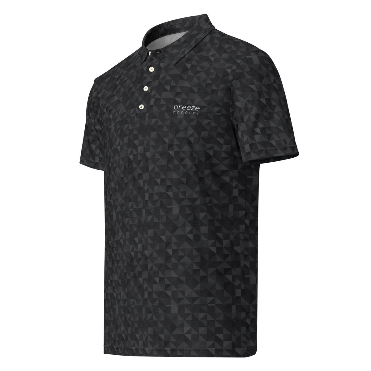 Polo shirt with dark-gray geometric pattern.