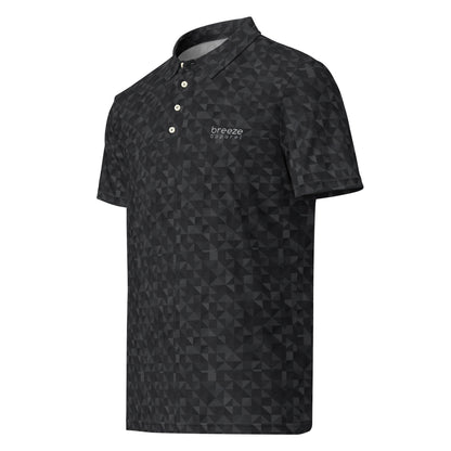Polo shirt with dark-gray geometric pattern.