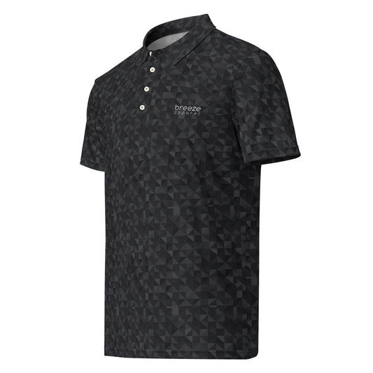 Polo shirt with dark-gray geometric pattern.