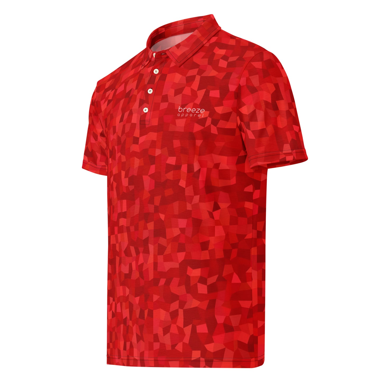 Polo shirt with red geometric pattern.