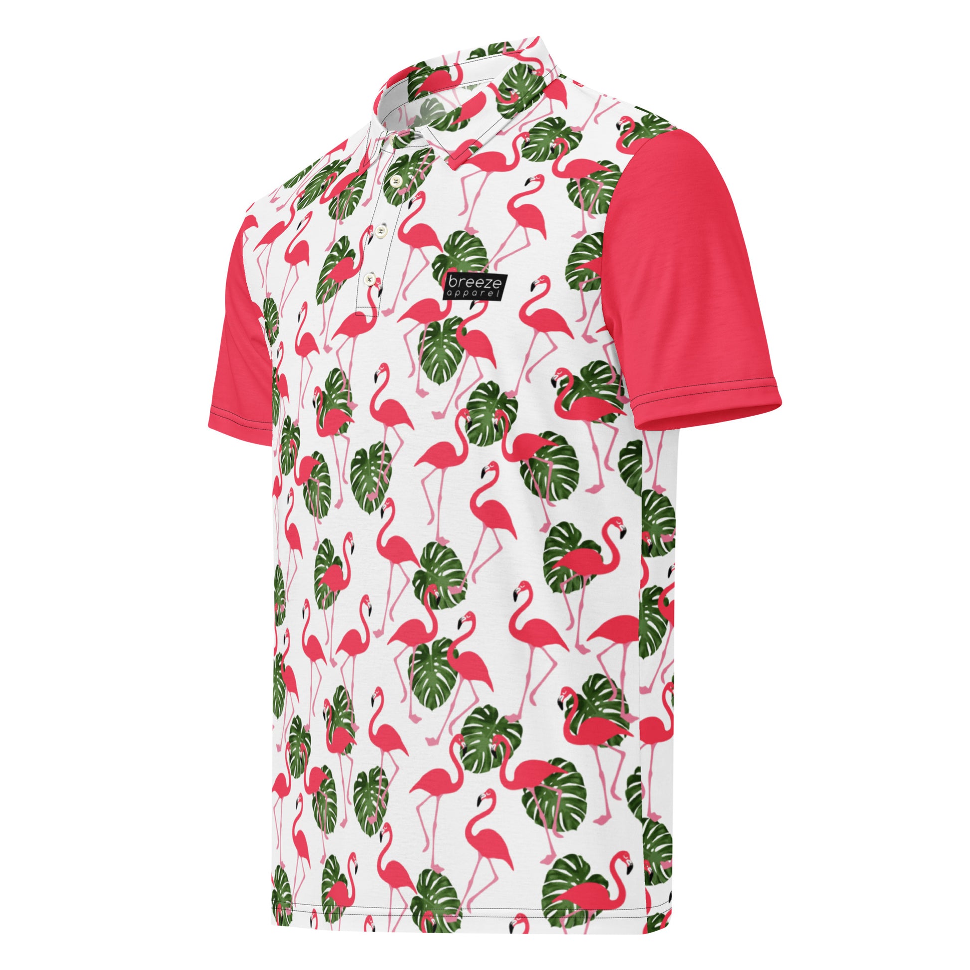 Polo with pattern of pink flamingos and green palm leaves set on a white background. Sleeves are pink.