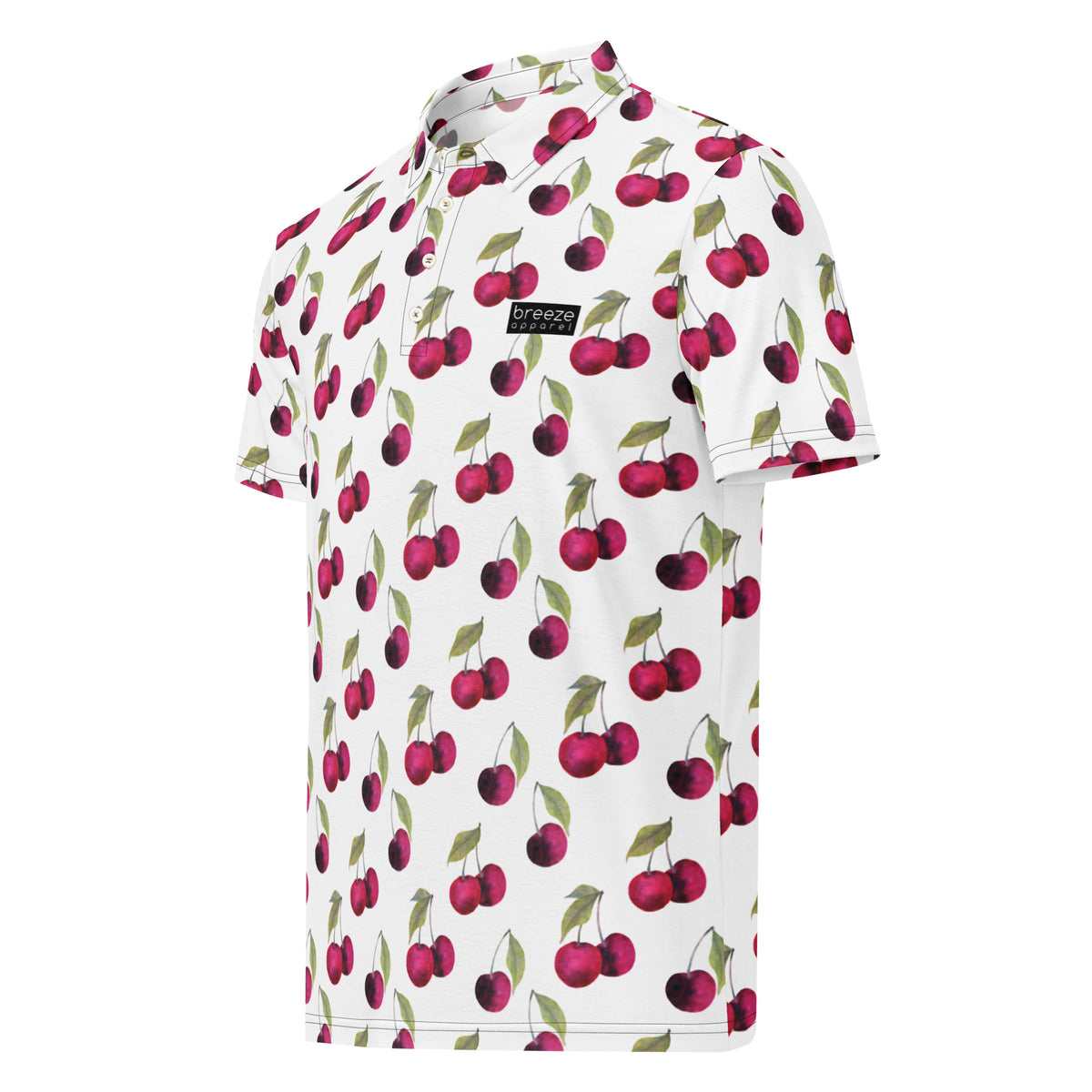 Polo with pattern of cherries set on a white background.