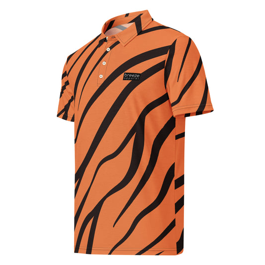 Polo shirt with tigerskin pattern.