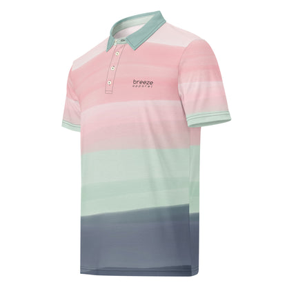 Polo shirt with design resembling watercolor stripes. Main colors are light-green and pink.
