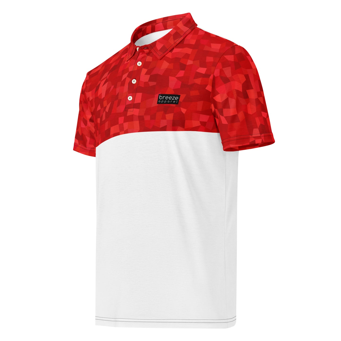 Polo shirt with red geometric pattern on top half and sleeves, with rest being white.