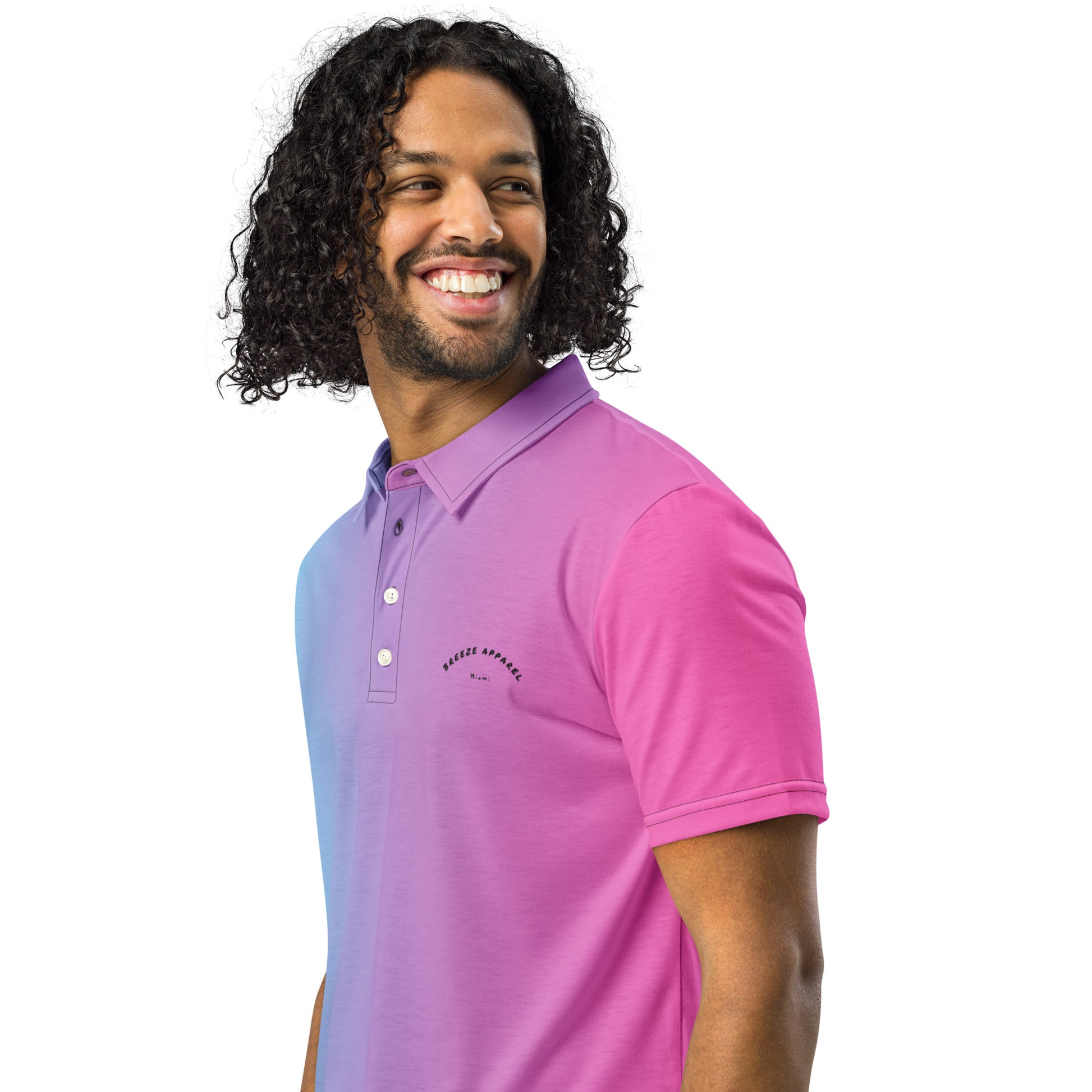 Man wearing polo shirt that fades from light blue to pink.