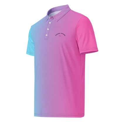 Polo shirt with color scheme that fades from light blue to pink.
