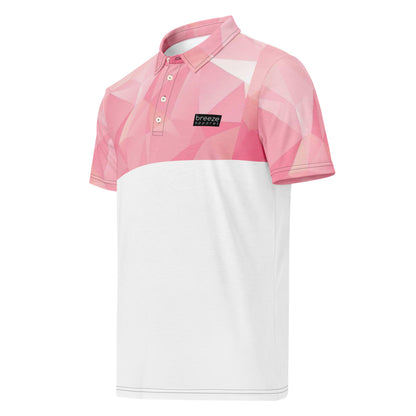 Polo shirt with pink geometric pattern on top half and sleeves. Bottom half is white.