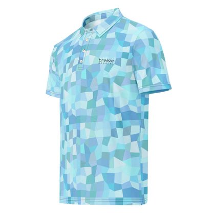 Polo shirt with light-blue geometric pattern.