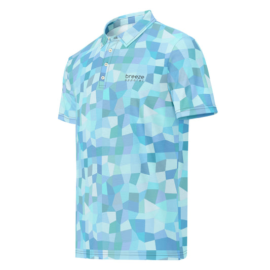 Polo shirt with light-blue geometric pattern.