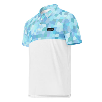 Polo shirt with light-blue geometric pattern on upper half and sleeves. Bottom half is white.