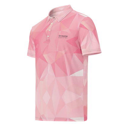 Polo shirt with pink geometric pattern.