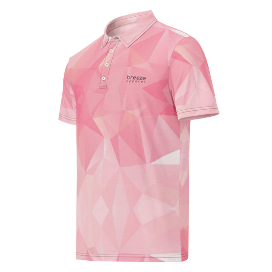 Polo shirt with pink geometric pattern.