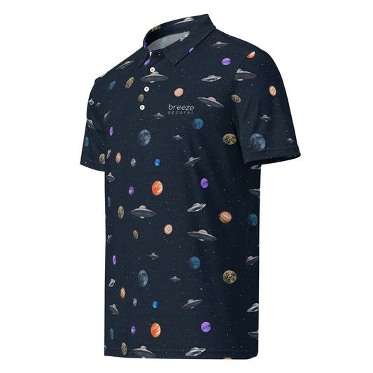 Polo shirt with pattern of UFOs and planets in space.