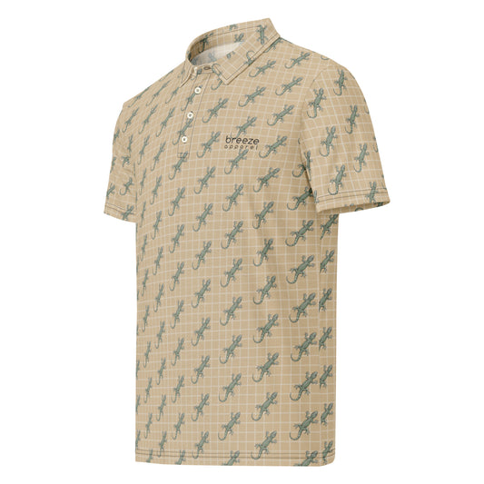 Beige polo shirt with pattern of green geckos.