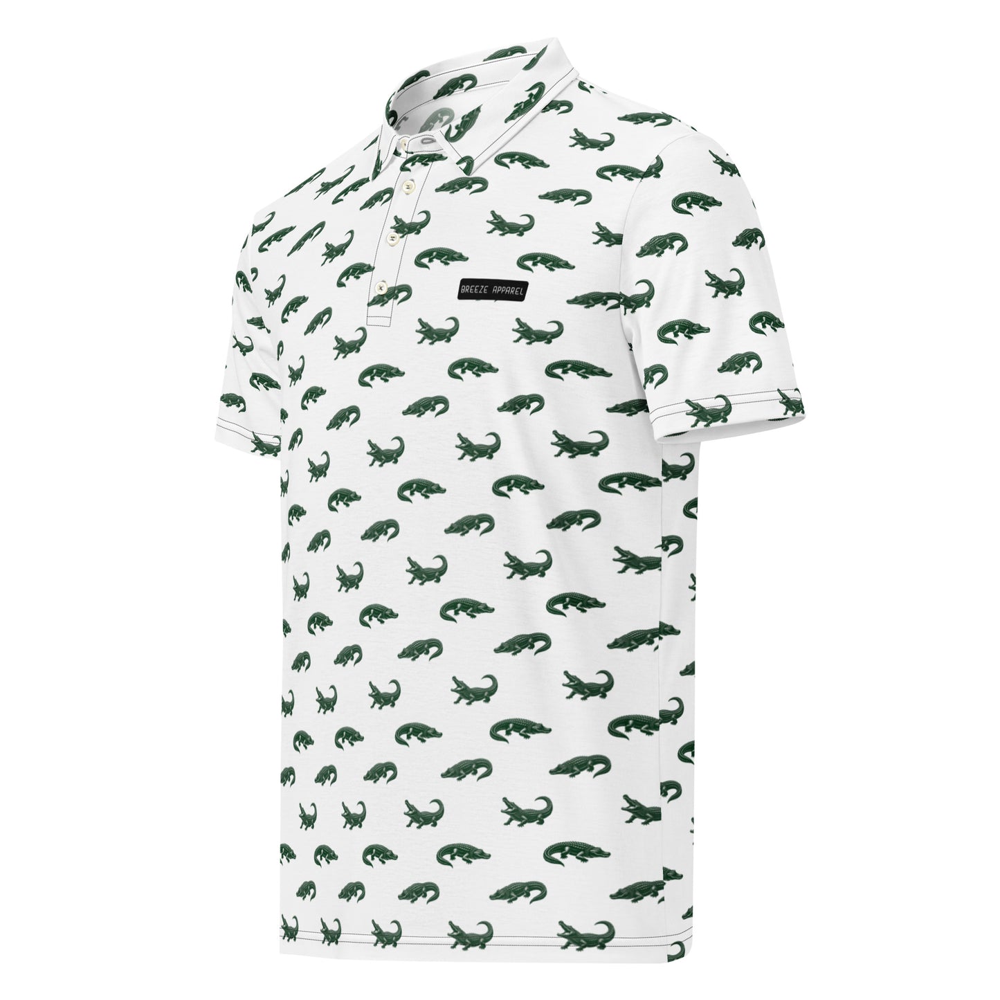 White polo with pattern of green alligators.