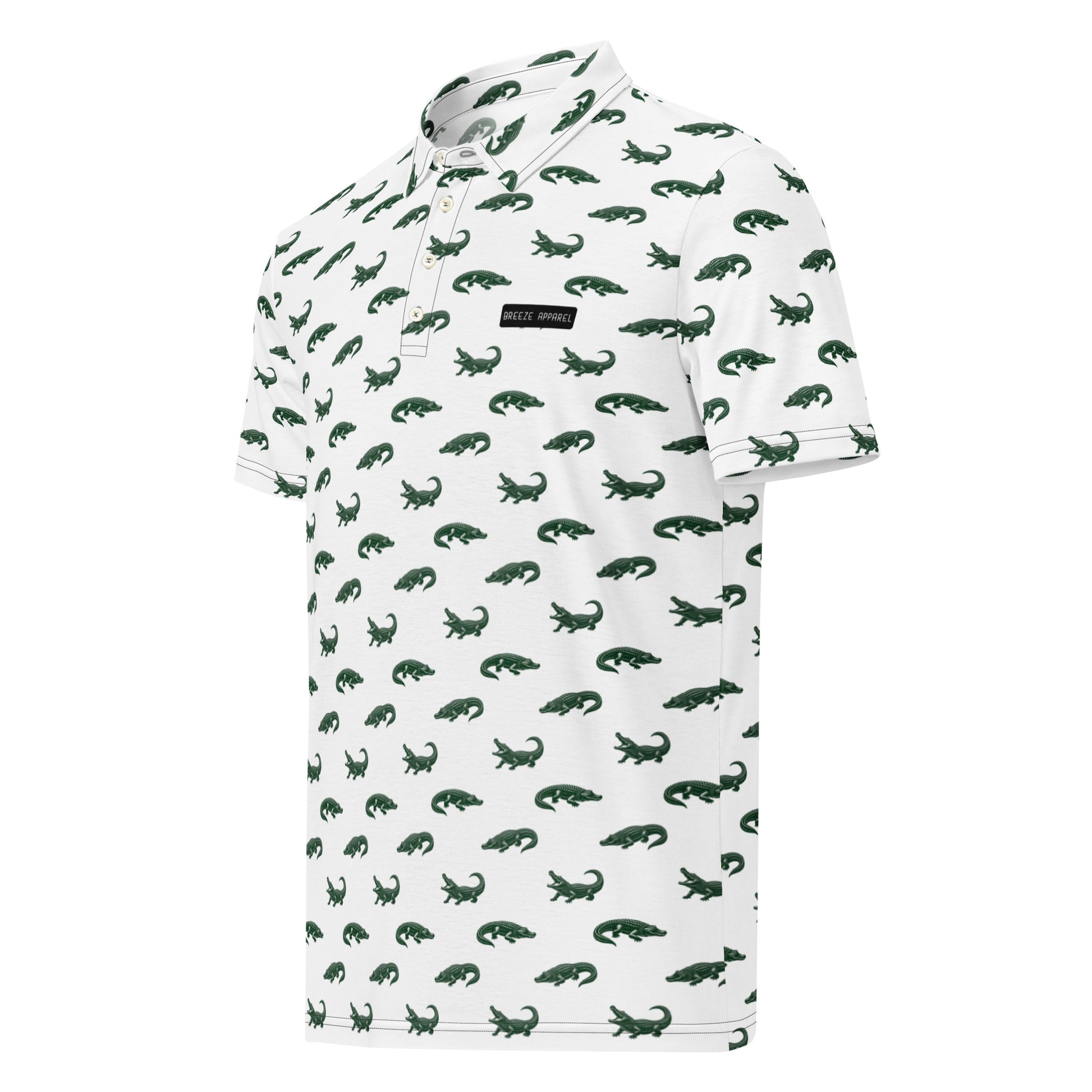 White polo with pattern of green alligators.
