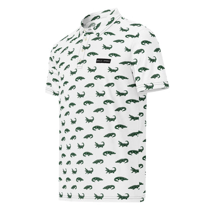 White polo with pattern of green alligators.