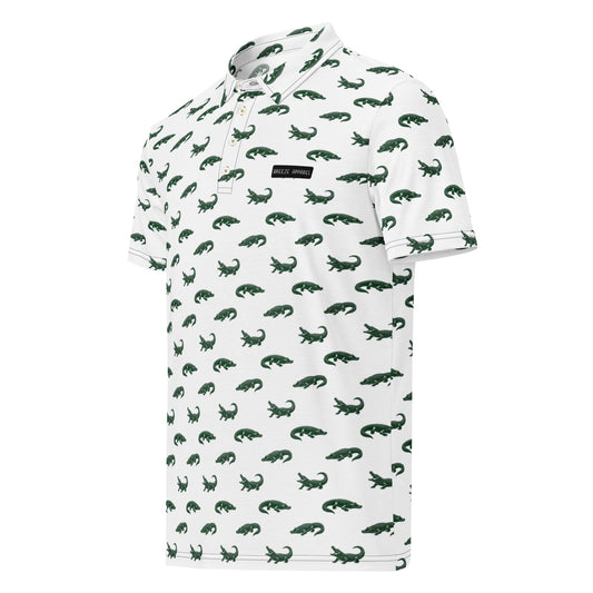 White polo with pattern of green alligators.