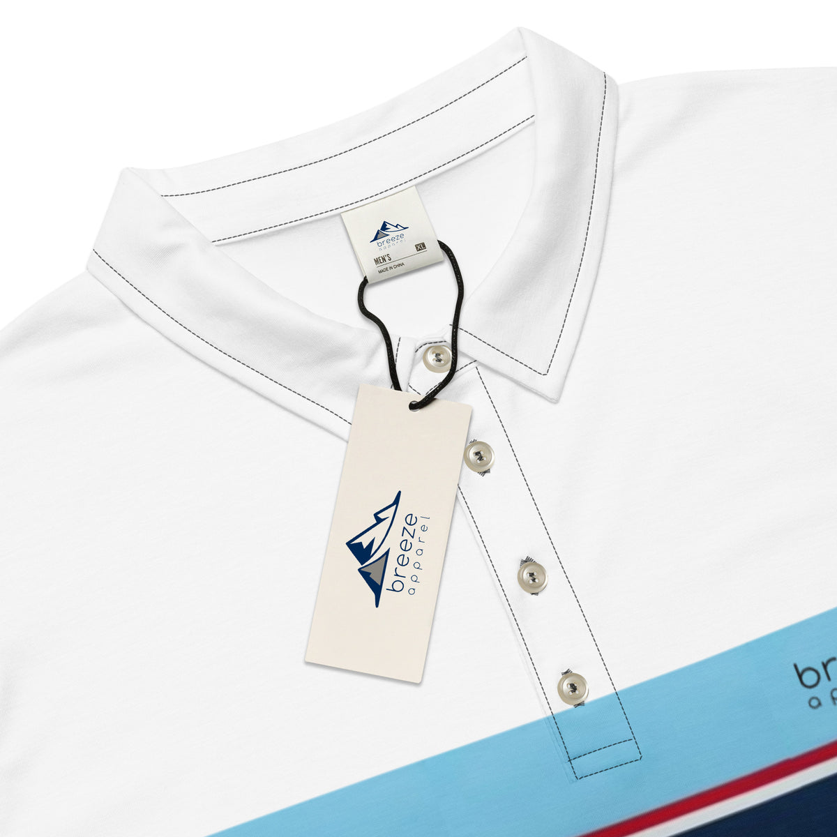 Close-up view of  tag area of polo shirt with horizontal blue, red, white, and navy stripe with small black 'breeze apparel' logo.