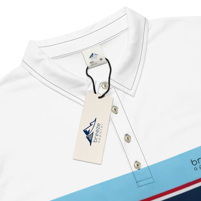 Close-up view of  tag area of polo shirt with horizontal blue, red, white, and navy stripe with small black 'breeze apparel' logo.