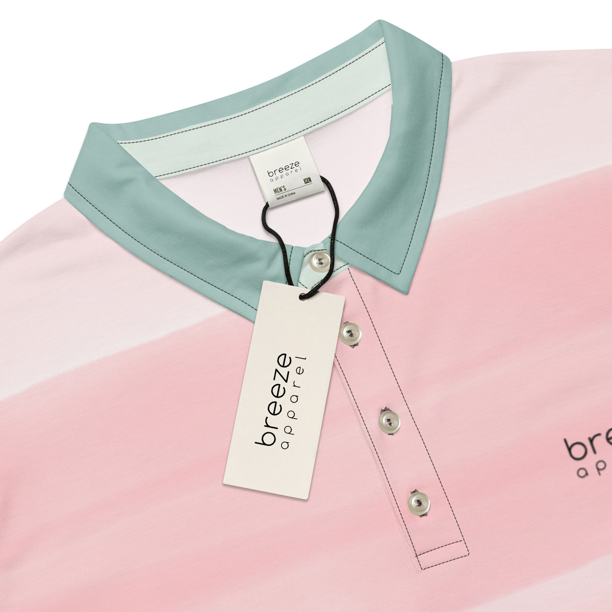 Polo shirt with design resembling watercolor stripes. Main colors are light-green and pink.