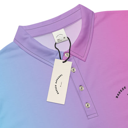 Polo shirt with color scheme that fades from light blue to pink.