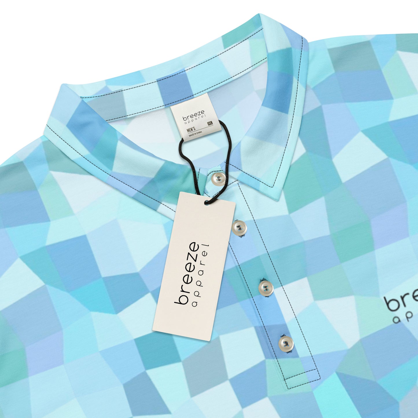 Polo shirt with light-blue geometric pattern.