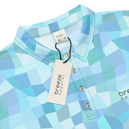 Polo shirt with light-blue geometric pattern.
