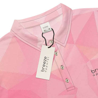 Polo shirt with pink geometric pattern.