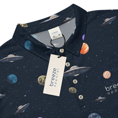 Polo shirt with pattern of UFOs and planets in space.