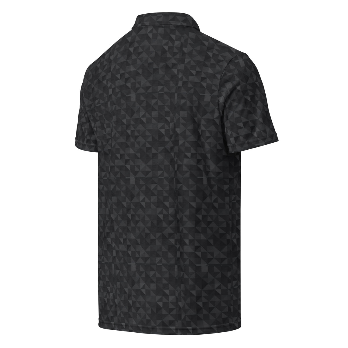 Back of polo shirt with dark-gray geometric pattern.