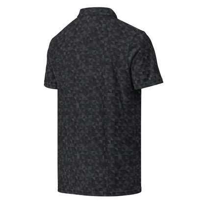 Back of polo shirt with dark-gray geometric pattern.