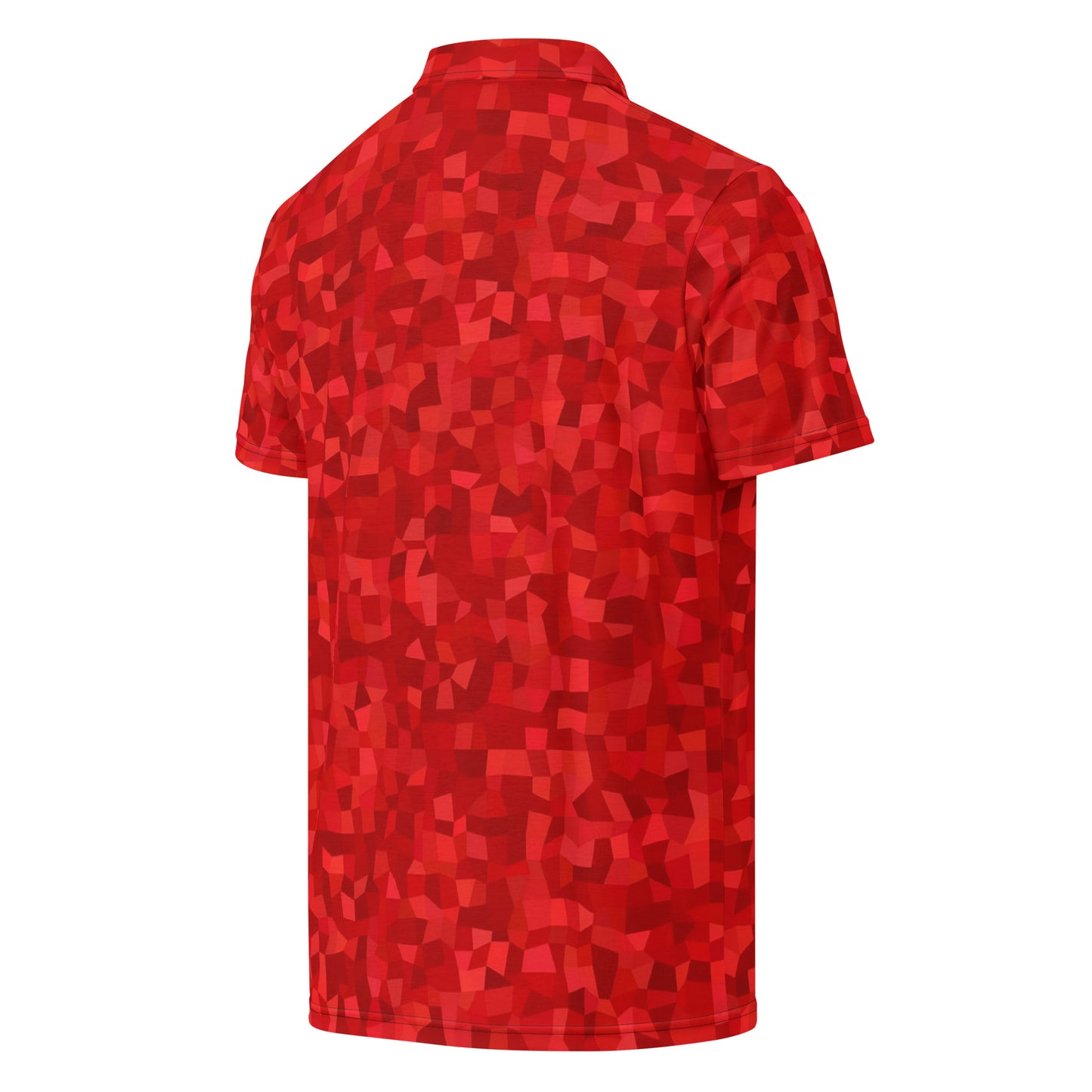 Back of polo shirt with red geometric pattern.