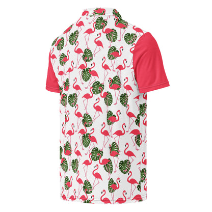 Back of polo with pattern of pink flamingos and green palm leaves set on a white background. Sleeves are pink.