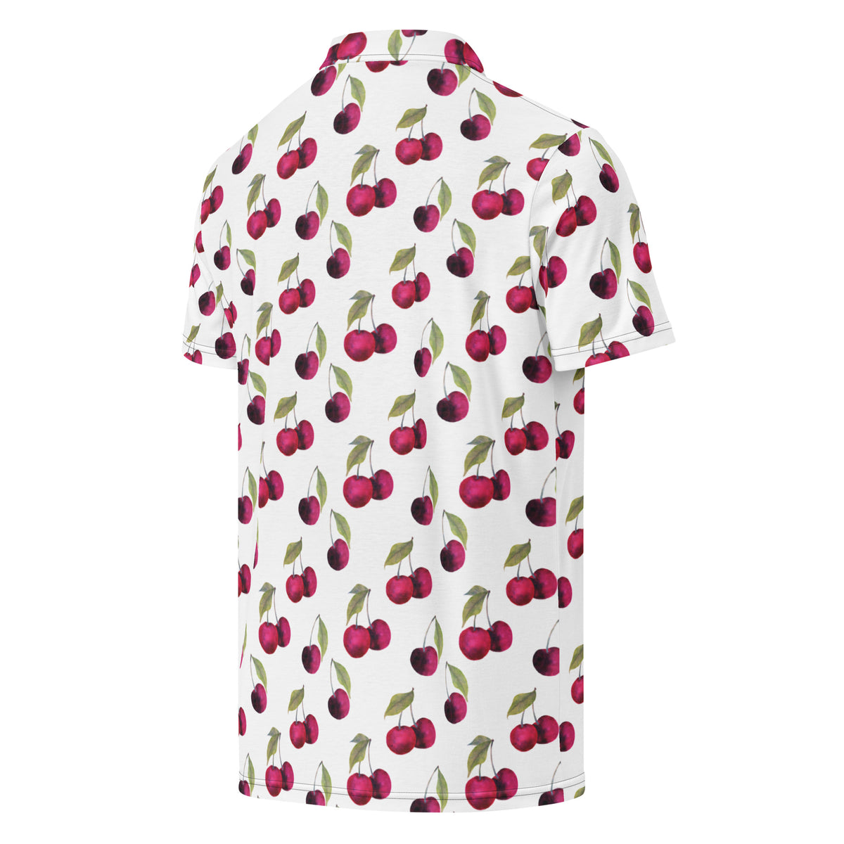 Back of polo with pattern of cherries set on a white background.