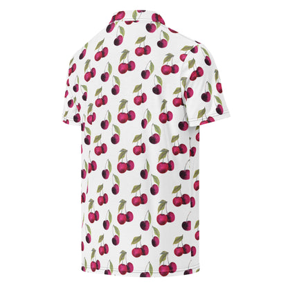 Back of polo with pattern of cherries set on a white background.