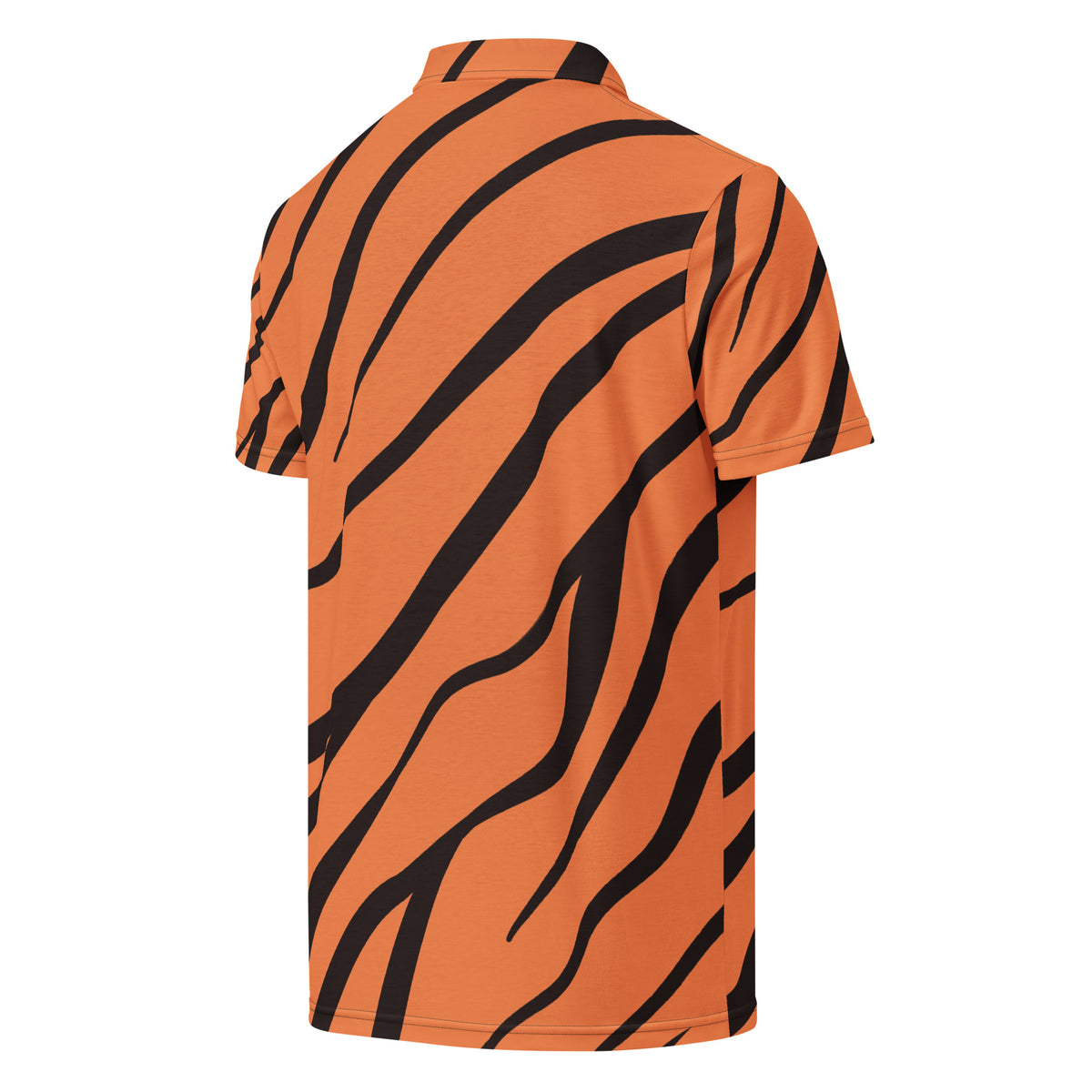 Back of polo shirt with tigerskin pattern.